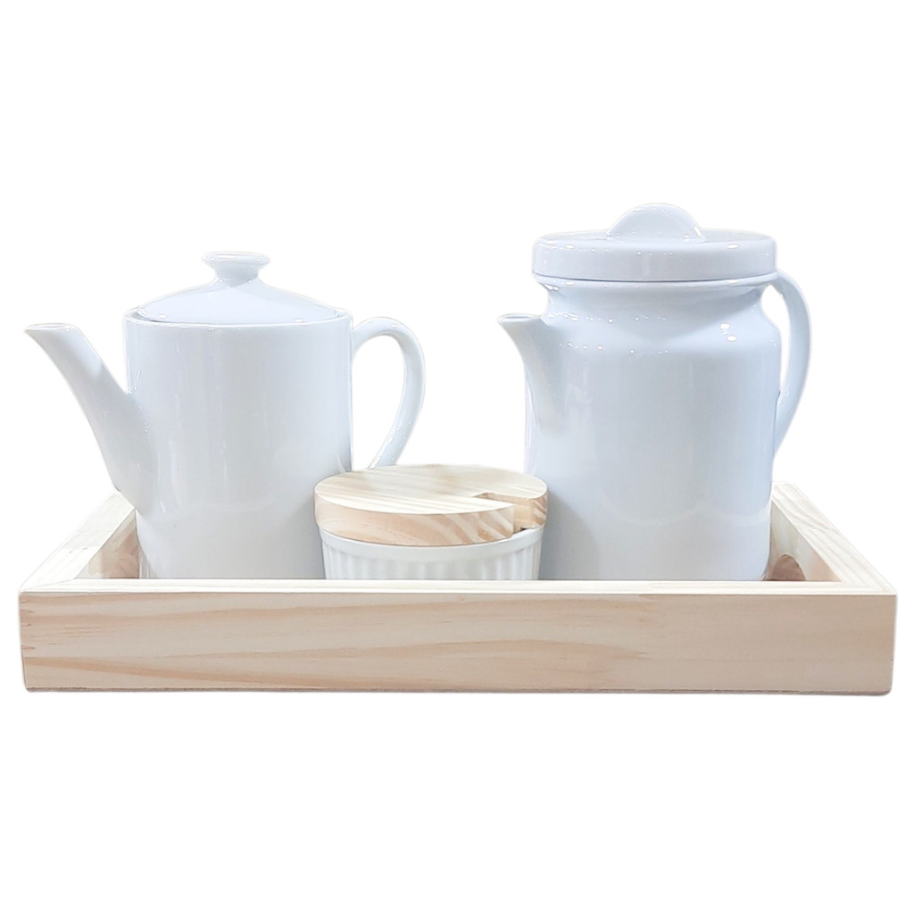 Jogo Café e Chá, Bandeja + Bule Bico longo 800ml + Bule cafeteira 1,1L + Açucareiro Ramequim 250ml - Porcelana Branca
