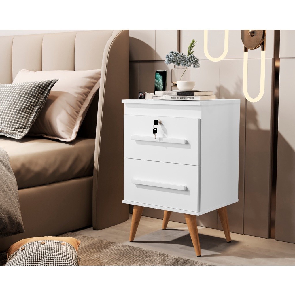 Mesa de cabeceira 2 gaveta-criado mudo com chave branco e preto para sala quarto nicho pequeno  moderno-industrial