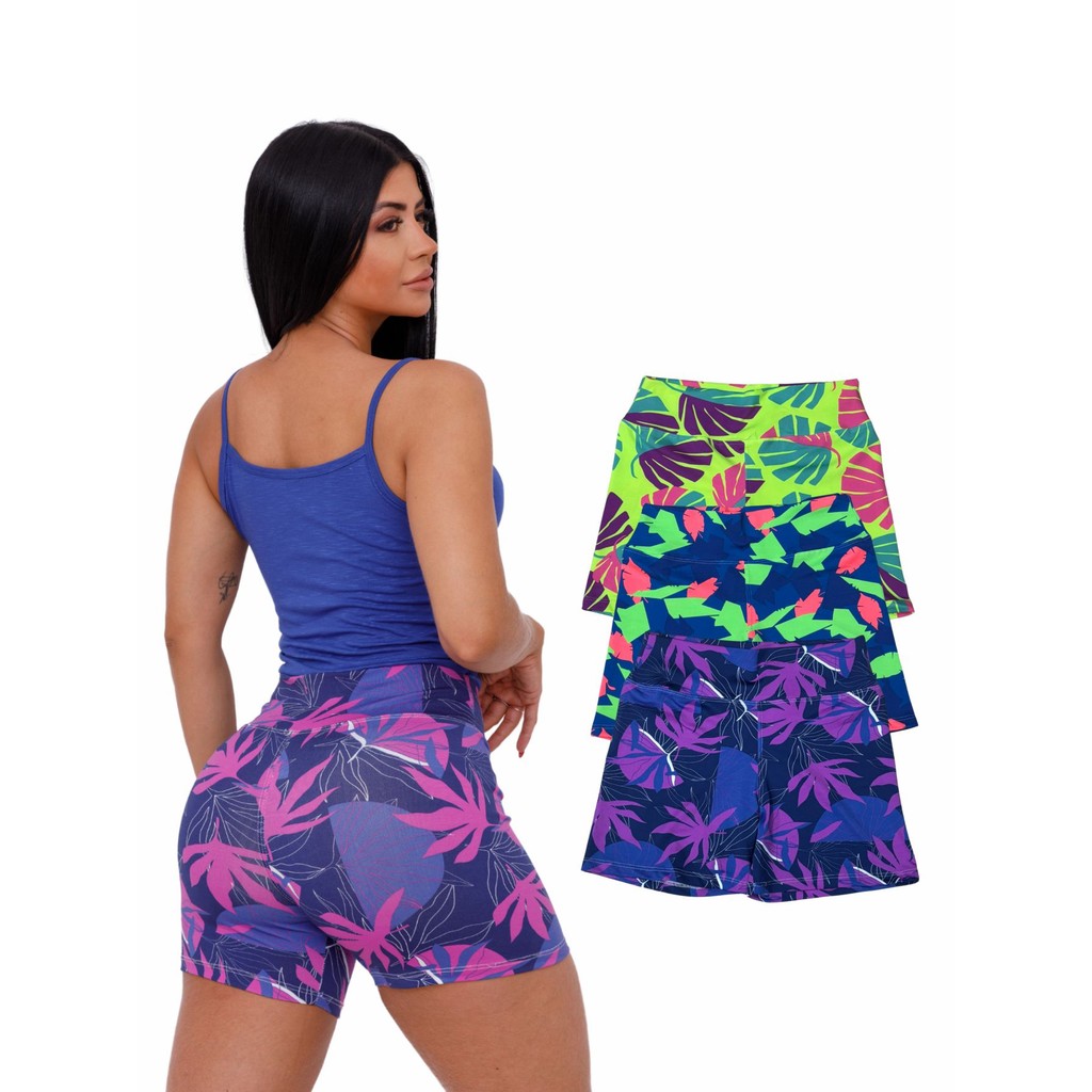 Kit 5 Shorts Suplex Legging Academia Estampado Cós Alto Não fica Transparente  Fitness Treino