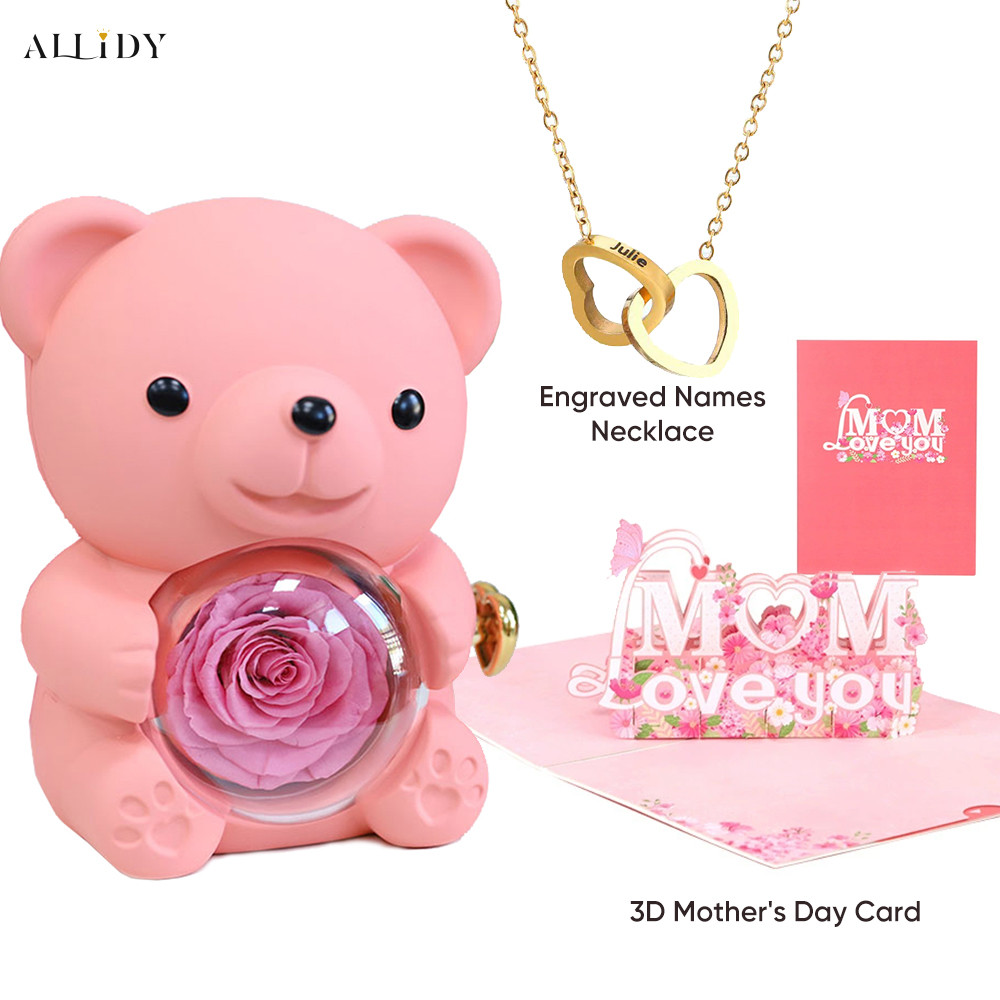 Novo Lindo Cartão De Dia Das Mães 3D Rosas Urso De Pelúcia E Colar Melhor Personalizado Exclusivo Presentes Para A Mãe