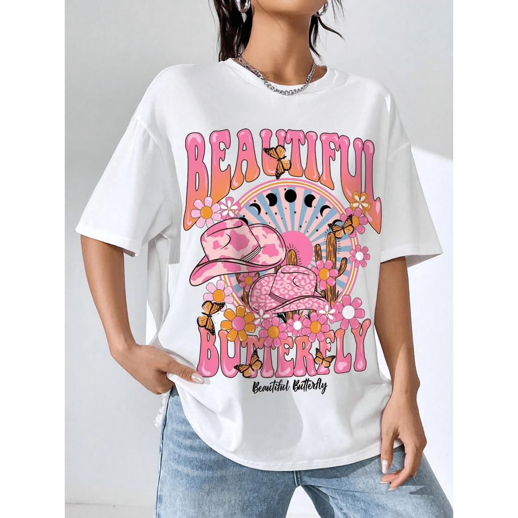 Camiseta Feminina Basica Cowgirl Beautiful Butterfly Chapéu Country Rodeo Estampa Vintage- BTLG