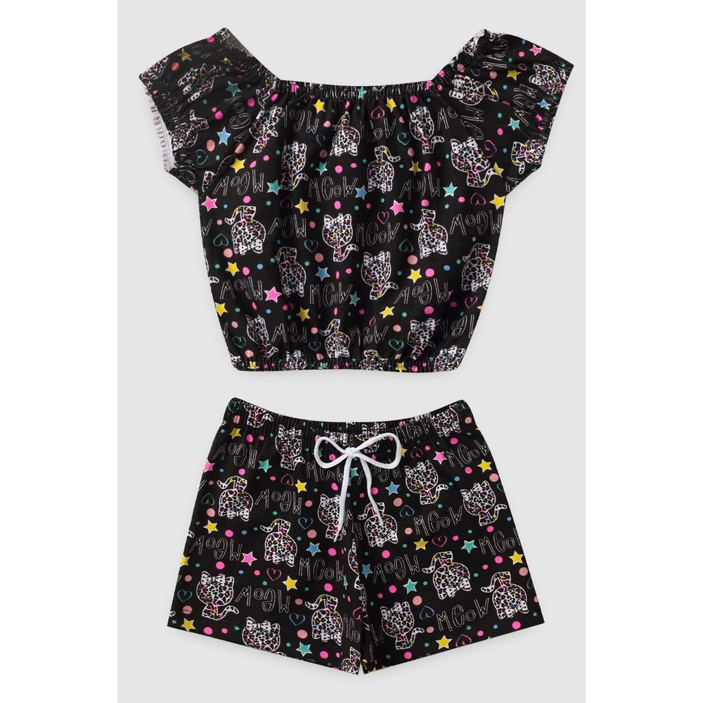 Conjunto Infantil Feminino Cropped Gato Estampa Verão – Elástico + Shorts 85% Algodão Menina
