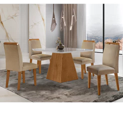Sala de Jantar Aida 90 Tampo MDF Canto Copo e Vidro com 4 Cadeiras Athenas Moderna Mobília