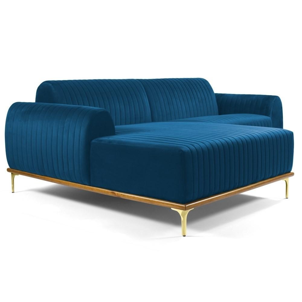 Sofá 265cm 4 Lugares com Chaise Esquerdo Pés Gold Molino C-170 Veludo Azul - Domi