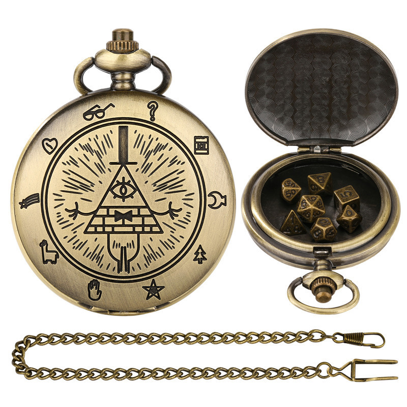 Vintage Style Gravity Town Design Pocket Watch Case Pendant Chain 7pcs Metal Polyhedral Dice Role Play Game Accessory