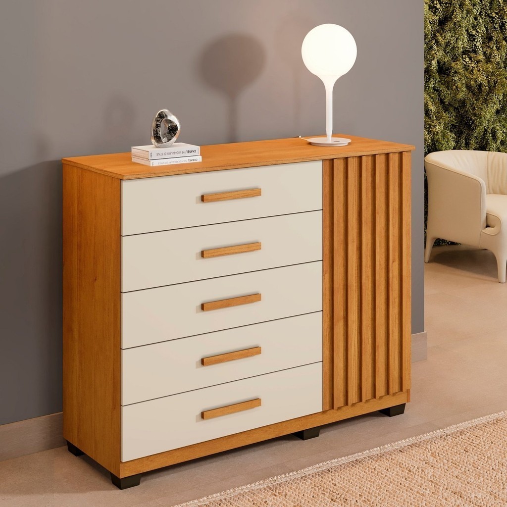 Cômoda 5 Gavetas 1 Porta 122cm Paris Off-White/Cinamomo em Oferta na Shopee