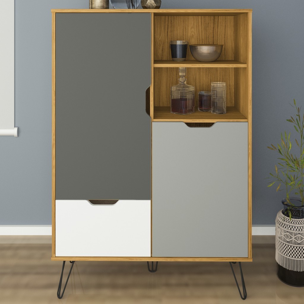 Armário de Cozinha Estocolmo 2 Portas 1 Gaveta Carvalho/Grafite/Branco/Prata - Artely em Oferta na Shopee