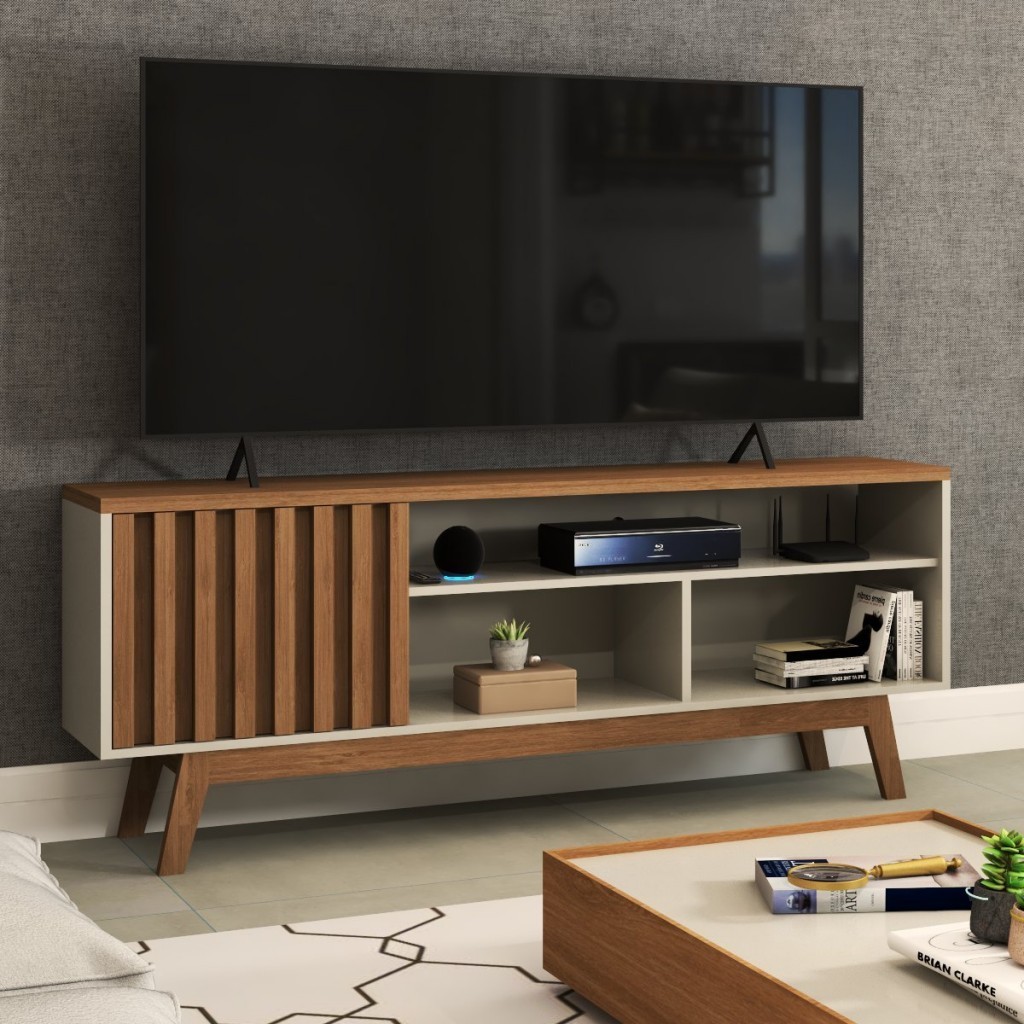Rack para TV Até 55 Polegadas Ripado Hungria Retrô 1 Porta 1 Prateleira Off White/Freijó - Panorama Móveis em Oferta na Shopee