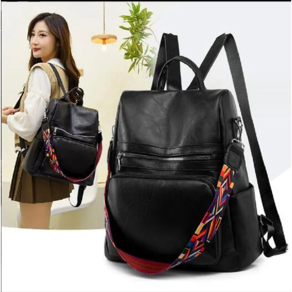 Mochila Feminina de Couro Sintético Vintage alça colorida tendência Premium 1312