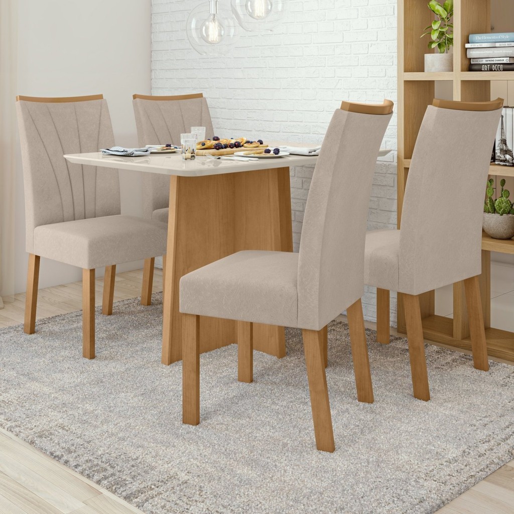 Conjunto Mesa 120cm Celebrare com Vidro e 4 Cadeiras Apogeu Amêndoa Clean/Off White/Naturale Creme - Home & Living