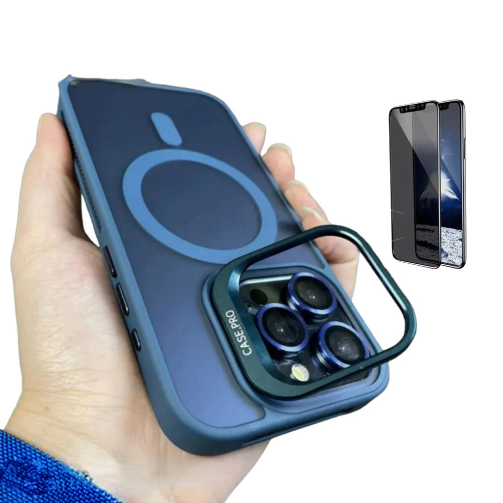 KIT COM PELICULA PRIVACIDADE CAPA CASE CAPINHA FOSCA MAGSAFE INDUÇÃO MAGNETICA METALIZA AUTO GLASS com Suporte Oca na Câmera e Kit de Lente Proteção de Câmera iPhone 11 12 13 14 15 Pro Max Plus ProMax Com Revestimento de Silicone Reforçado Acrílico
