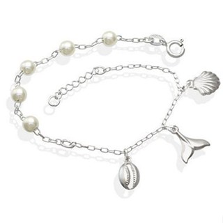 Pulseira feminina perolas concha búzios e rabo de baleia - Prata 925