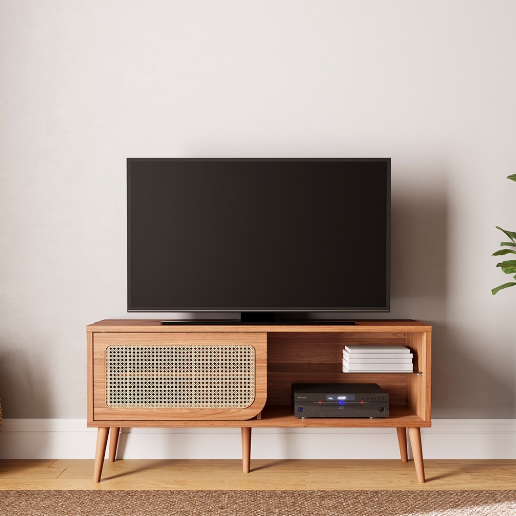 Rack para TV 135cm Até 55 Polegadas 1 Porta com Palha Natural Curve Freijó - Dalla Costa em Oferta na Shopee
