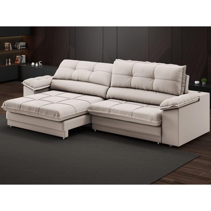 Sofá com Carregador USB Retrátil Reclinável Monaco 2,90m Velosuede Areia - NETSOFAS - Home & Living