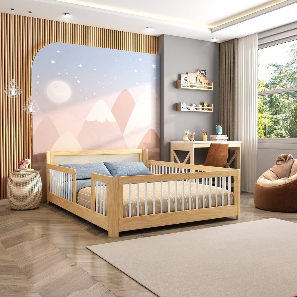 Cama Infantil Casal Montessoriano Wave com Rattan Casatema Branco/Natural em Oferta na Shopee