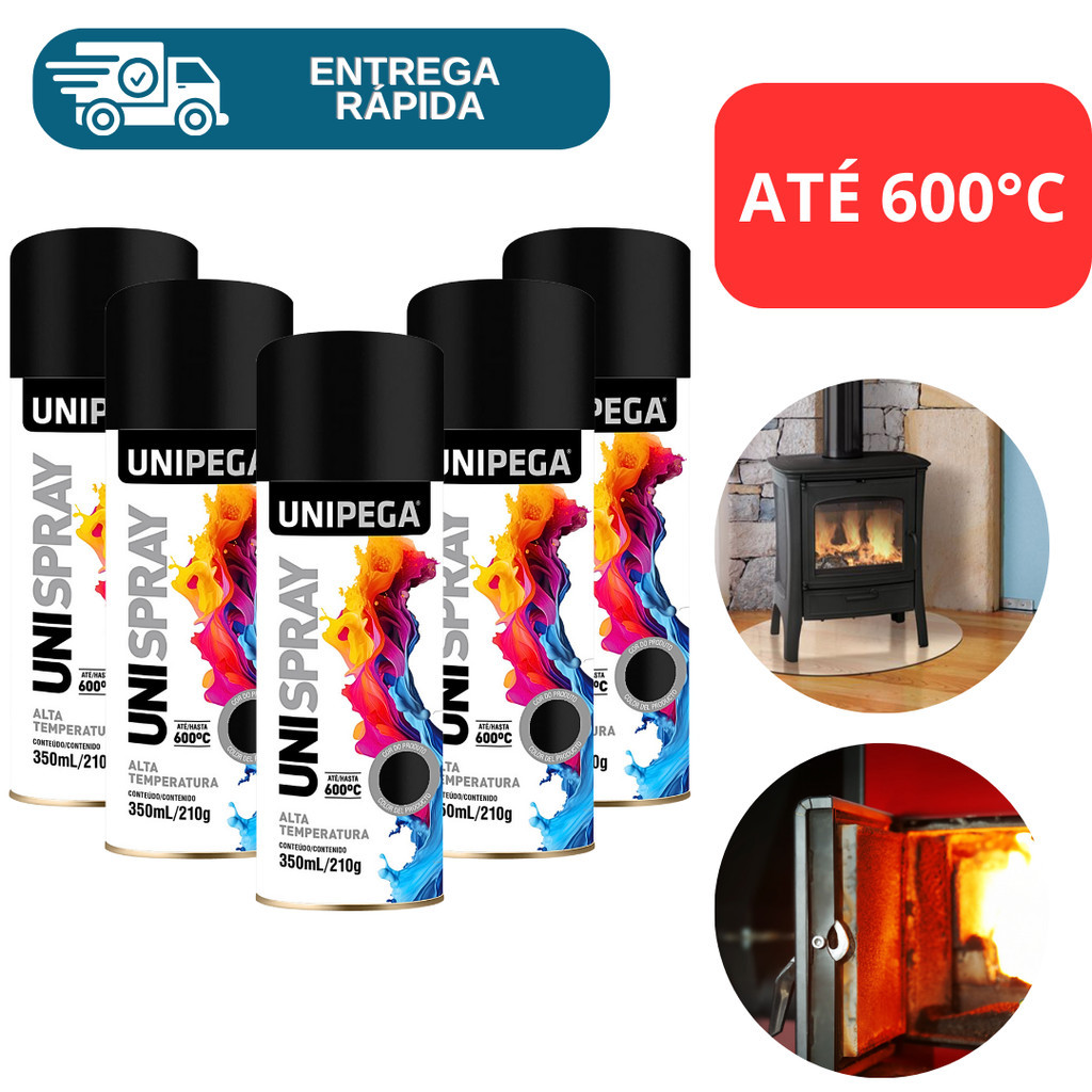 Kit 5 Tinta Spray Alta Temperatura Até 600ºc Fogão Lareira Grelha Chaminé Escapamento Churrasqueira