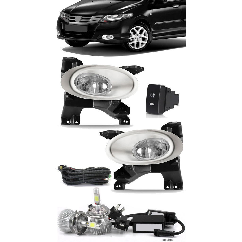 Kit Farol de Milha City 2009 2010 2011 - Moldura Aro Cromo + Kit Lâmpada Super LED 6000K
