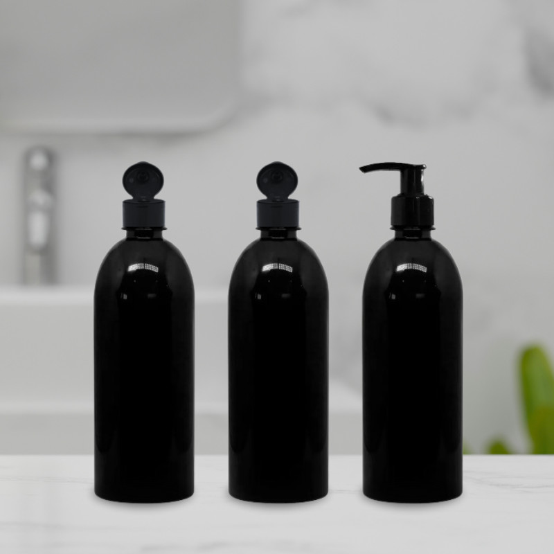 Conjunto de 3 Frascos Para Banheiro 500ml Preto - Flip Top e Pump Saboneteira