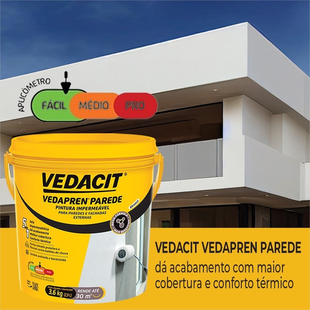 Vedacit Vedapren Pintura Impermeável Paredes e Fachadas Pintura Impermeável Externa Pintura Impermeável 5 em 1 3,6L — imagem 2 de 2