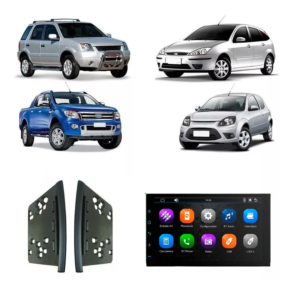 Central Multimídia 7 Polegadas MP5/BT 2Din - Faaftech + Moldura Preta Focus KA Escort Ranger F250