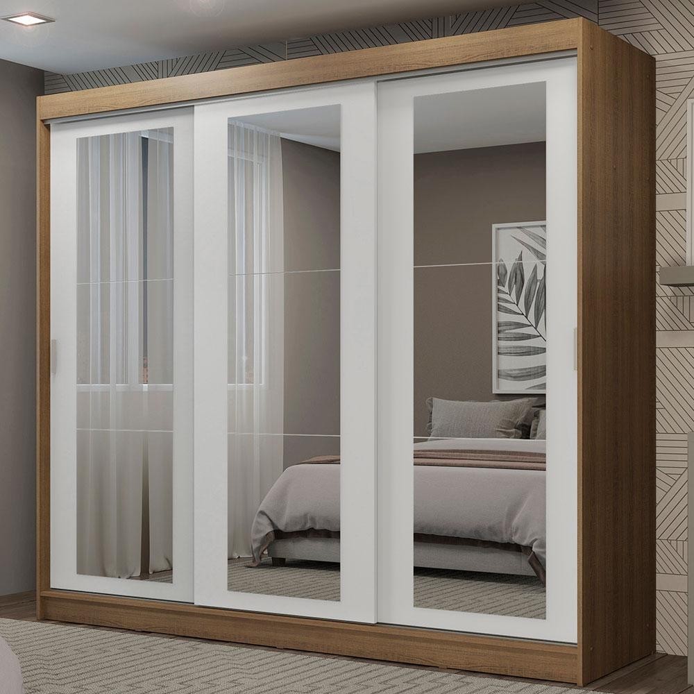 Guarda-Roupa Casal Madesa Kansas 3 Portas de Correr de Espelho 3 Gavetas - Home & Living