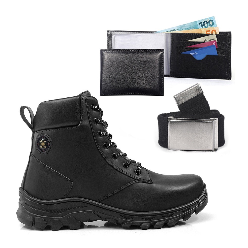 Bota Masculina Adventure Trilha Discovery Coturno Masculino Kit Com Carteira e Cinto