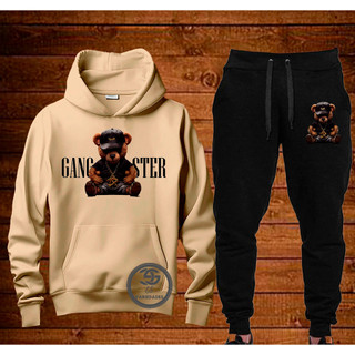 Conjunto Moletom Gangster Urso  Streetwear Blusa + calça de moletom Casaco Com Capuz Flanelado Agasalho de Frio Unissex