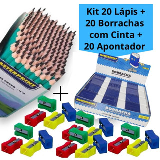 Kit 20 lápis de Escrever Nº2 Preto + 20 Borracha Branca Com Cinta + 20 Apontador simples Escolar Escola Estudo em Oferta na Shopee