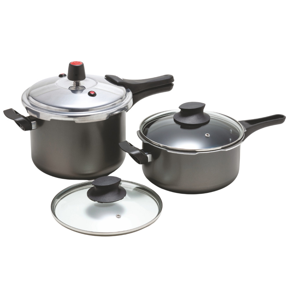Kit Jogo de Panelas de Pressão 3L e 4,5L Teflon com fechamento externo e tampa de vidro temperado em Oferta na Shopee