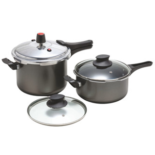 Kit Jogo de Panelas de Pressão 3L e 4,5L Teflon com fechamento externo e tampa de vidro temperado em Oferta na Shopee