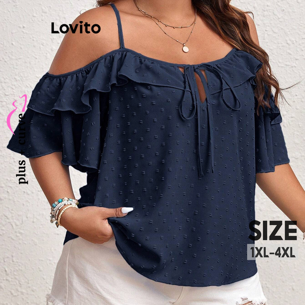 Lovito Blusa Curva Plus Size Casual Blusa Lisa Com Babados Para Mulheres LBL16132 - Women Clothes