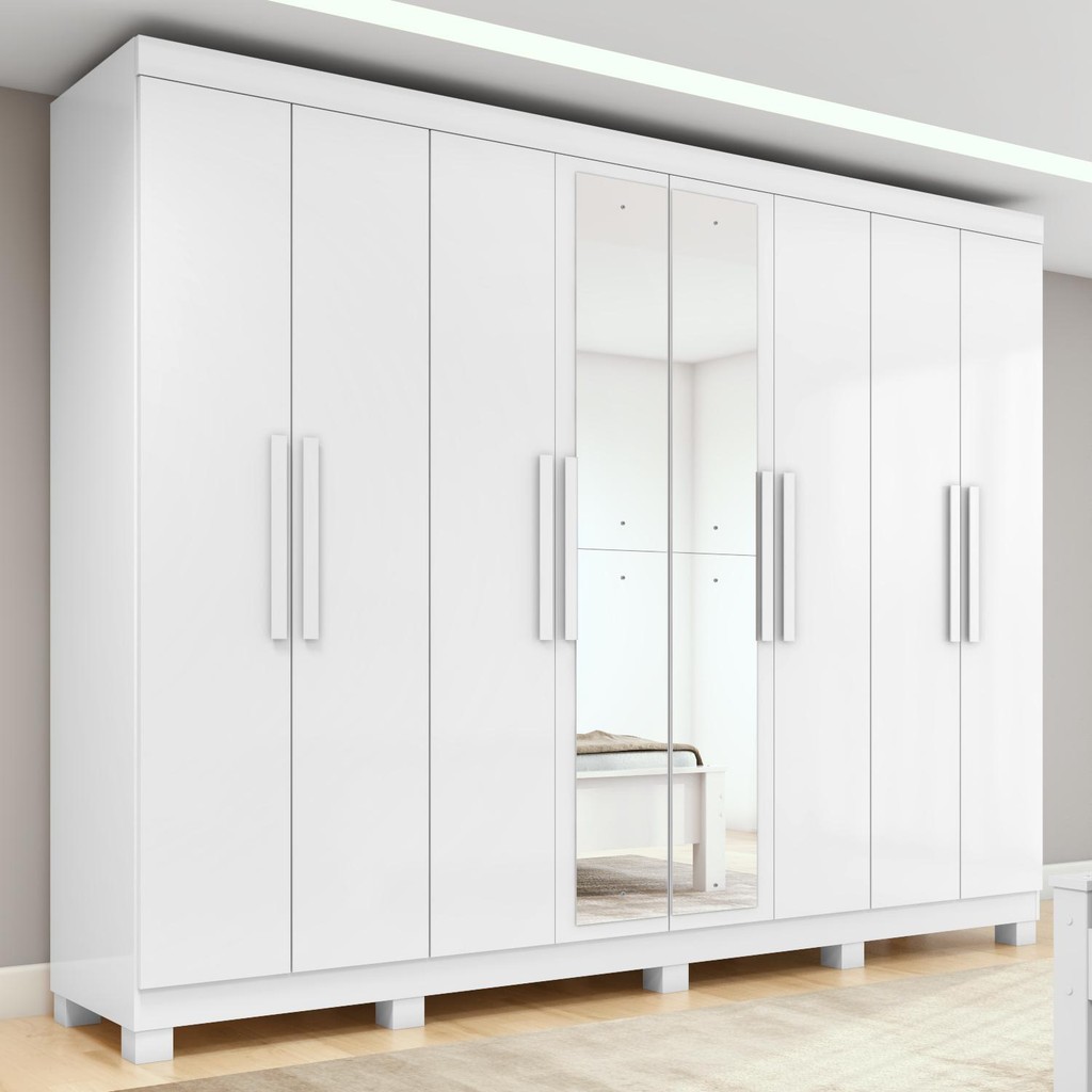 Guarda-roupa Casal Easy Slim 8 Portas Com Espelho e Pés Branco em Oferta na Shopee