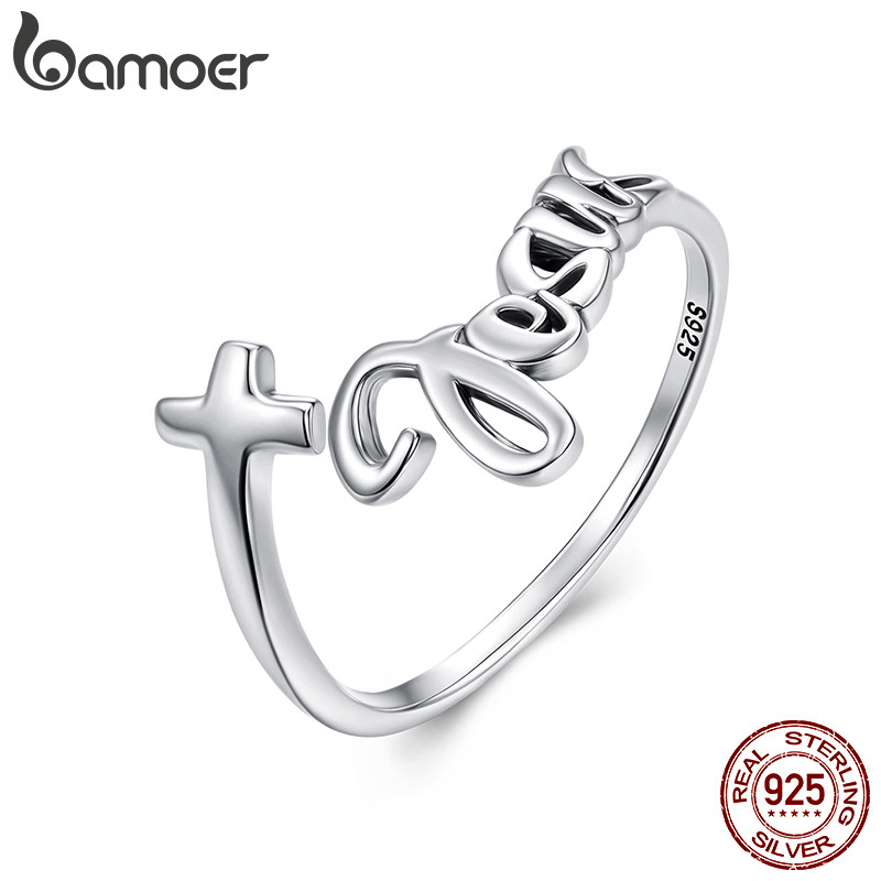 Bamoer 925 Sterling Sliver Anel Aberto Jesus Cruz Moda Joias Presentes Para Mulheres