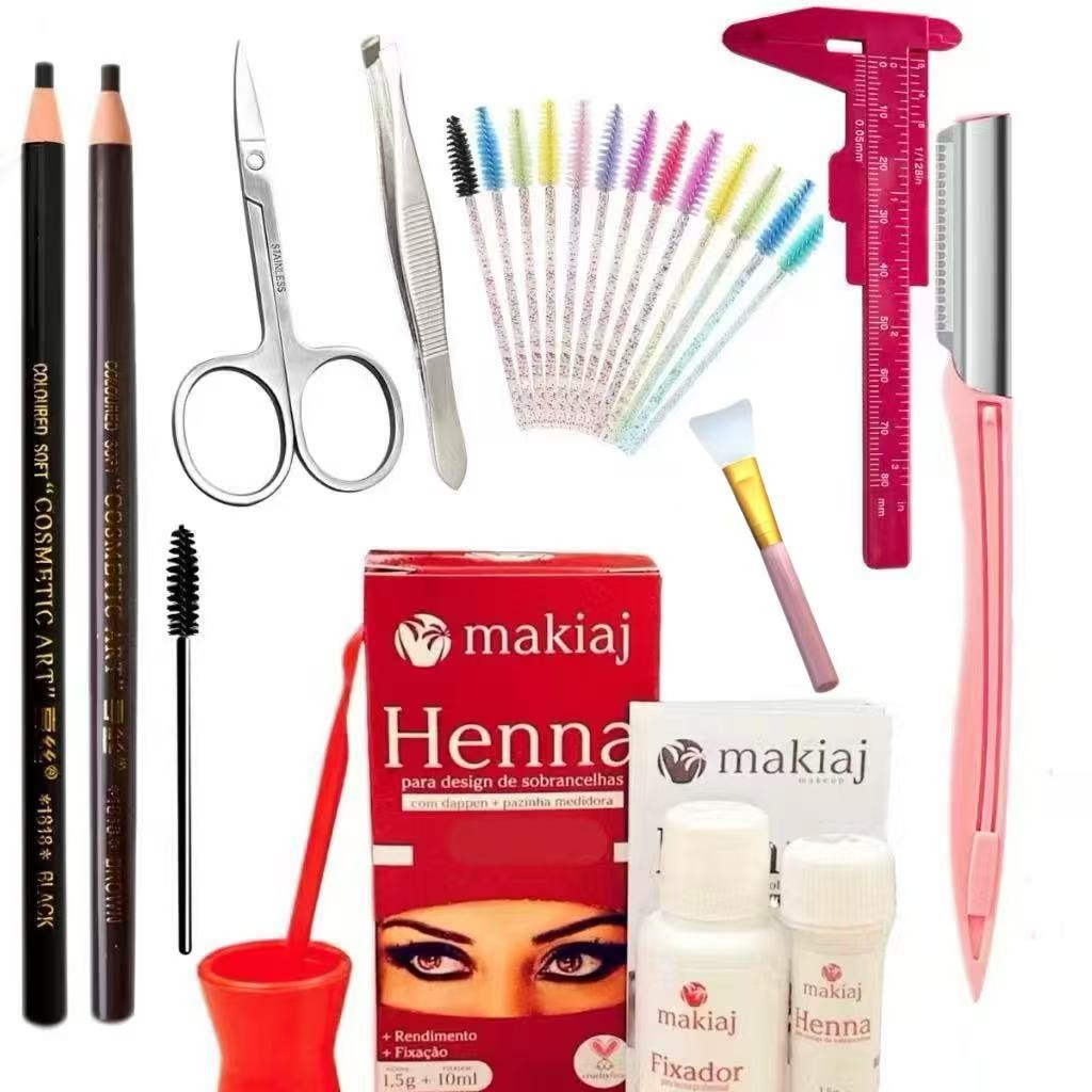 Kit Sobrancelha Iniciante Henna Makiaj + Navalha + Paquimetro + Tesoura + Pincel + Dappen + Lápis em Oferta na Shopee