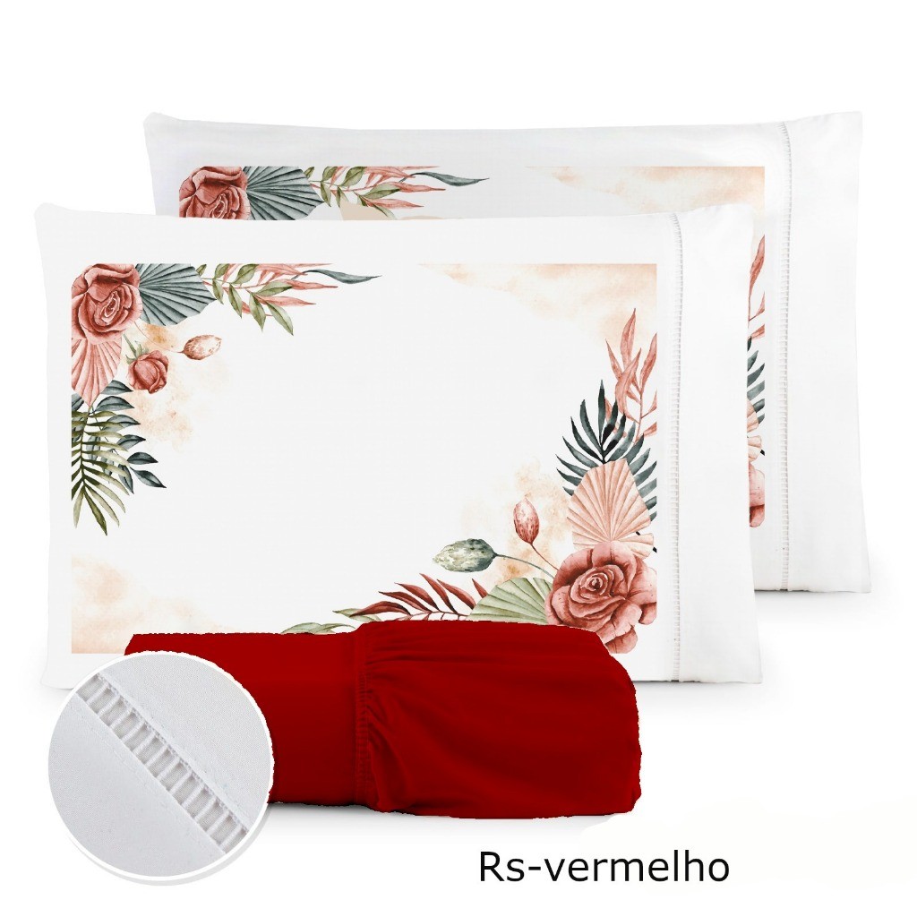 Kit Jogo de Cama Lençol Liso Fronha Estampada 400 Fios Micropercal Ponto Palito