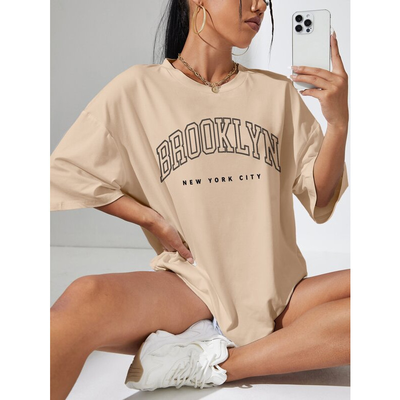 Camiseta   Feminina  Tumblr Feminina Brooklyn New York City Bege T-Shirt Exclusiva Confortavel Casual