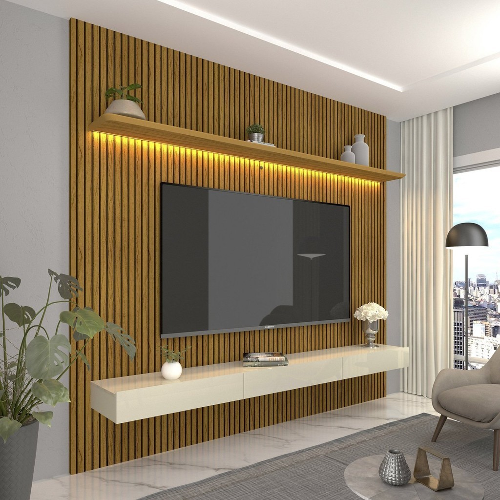 Painel para TV até 90 Polegadas Impressão Ripada com LED com Gaveta 220cm 100% MDF Requint...