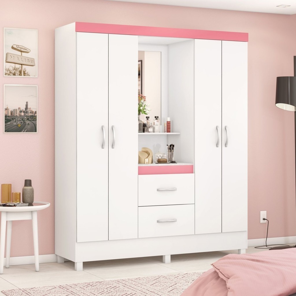 Guarda Roupa Capelinha 4 Portas Lord  Móveis Branco/Rosa em Oferta na Shopee