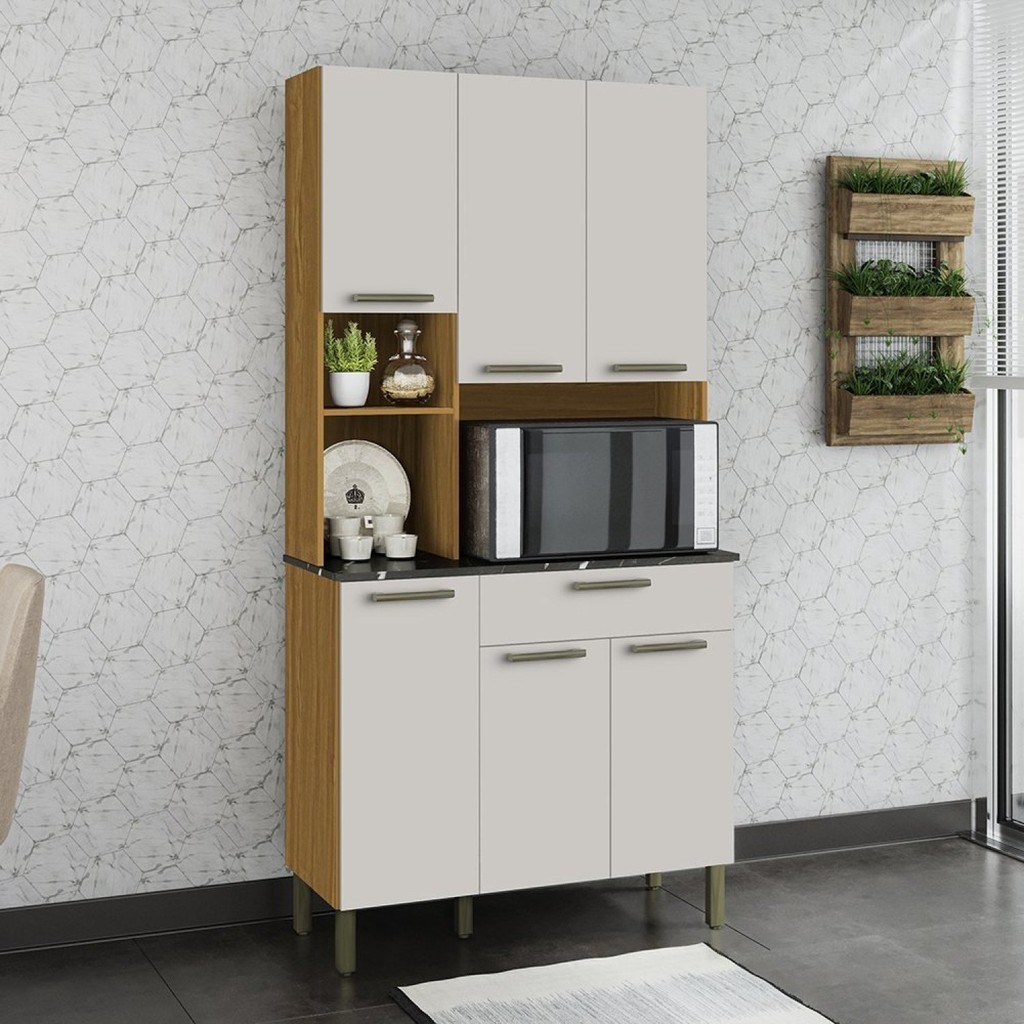 Cozinha Compacta com 6 Portas 1 Gaveta e Espaço para Micro-ondas 100% Mdf San Marino Espresso Móveis Amêndoa/Off - Home & Living