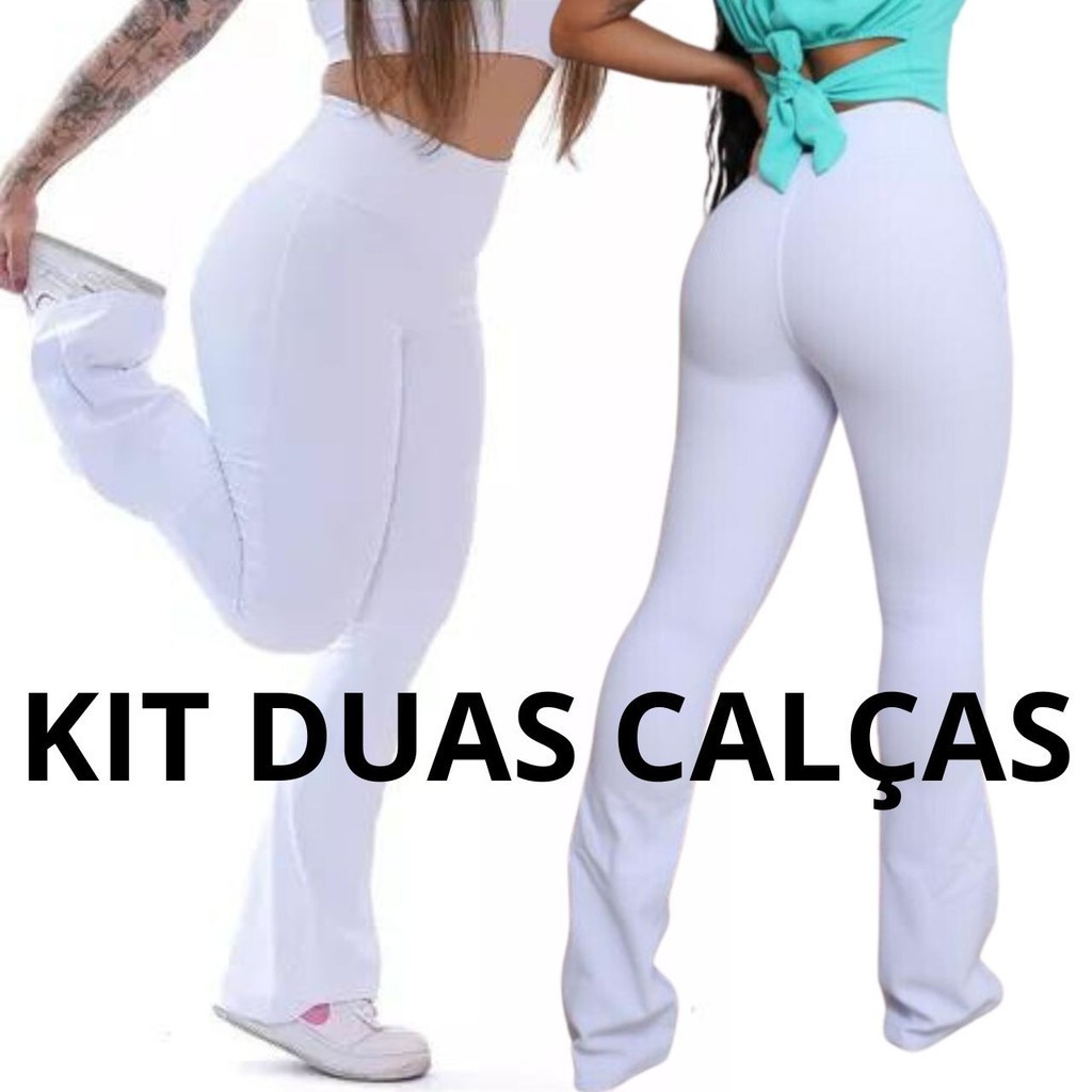 KIT DUAS Calças Legging FLARES Brancas BAILARINA Suplex Academia Enfermagem Esteticista Cós Alto,dentista fisioterapeuta