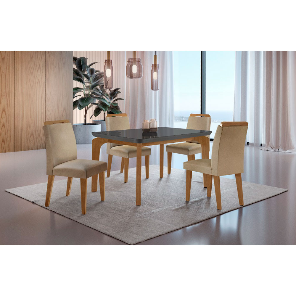 Conjunto Sala de Jantar Mesa Liz 120cm com Vidro Canto Copo e 4 Cadeiras Athenas Moderna - Home & Living