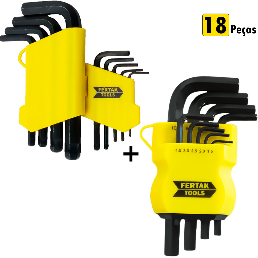 Kit Jogo 18 Peças De Chave Allen Sextavada E Torx Curta Com Furo Cr-V Tipo L Profissional - Home & Living