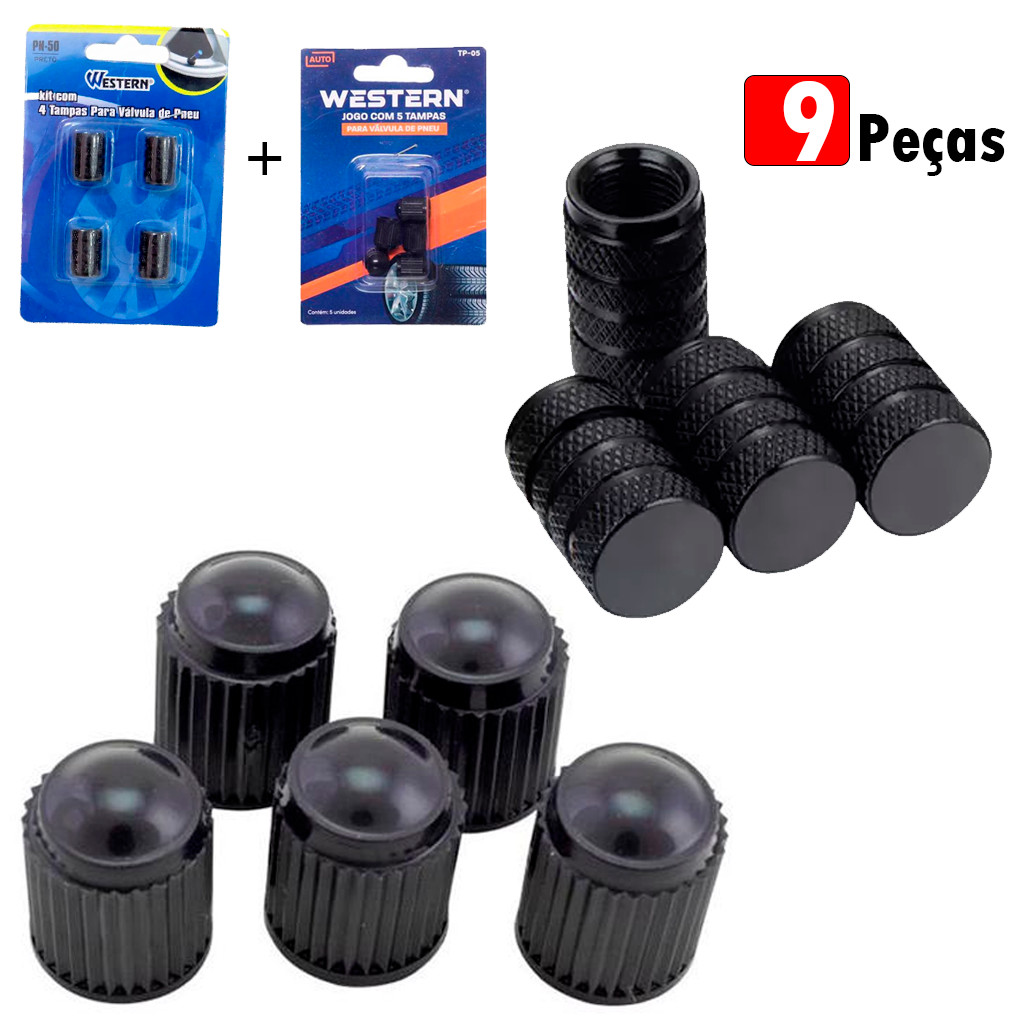Kit Jogo Tampas Para Pneu Automotivo Válvula Carro Moto Metal E Plástico PVC Preto 9 Peças