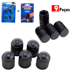 Kit Jogo Tampas Para Pneu Automotivo Válvula Carro Moto Metal E Plástico PVC Preto 9 Peças