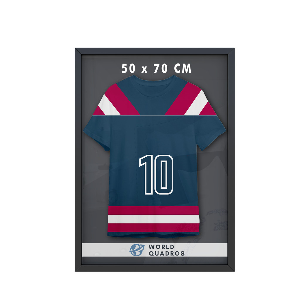 Moldura Caixa Alta 50x70 Decoração Camiseta Time Futebol Volei Basquete Formatura Fundo MDF Preto Com Proteção Vidro