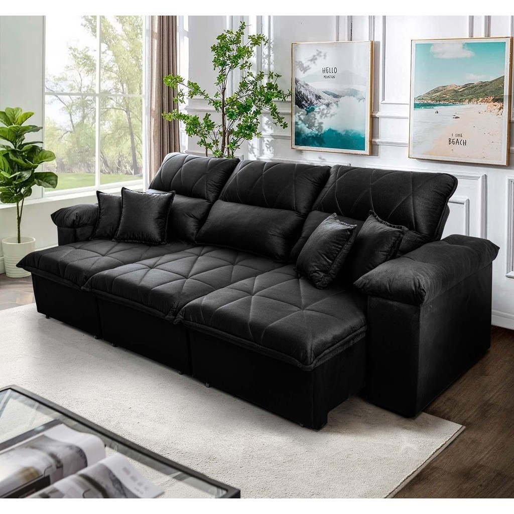 Sofá Retrátil Reclinável Trento 2,30m Suede Velut Preto  Molas no Assento - King House