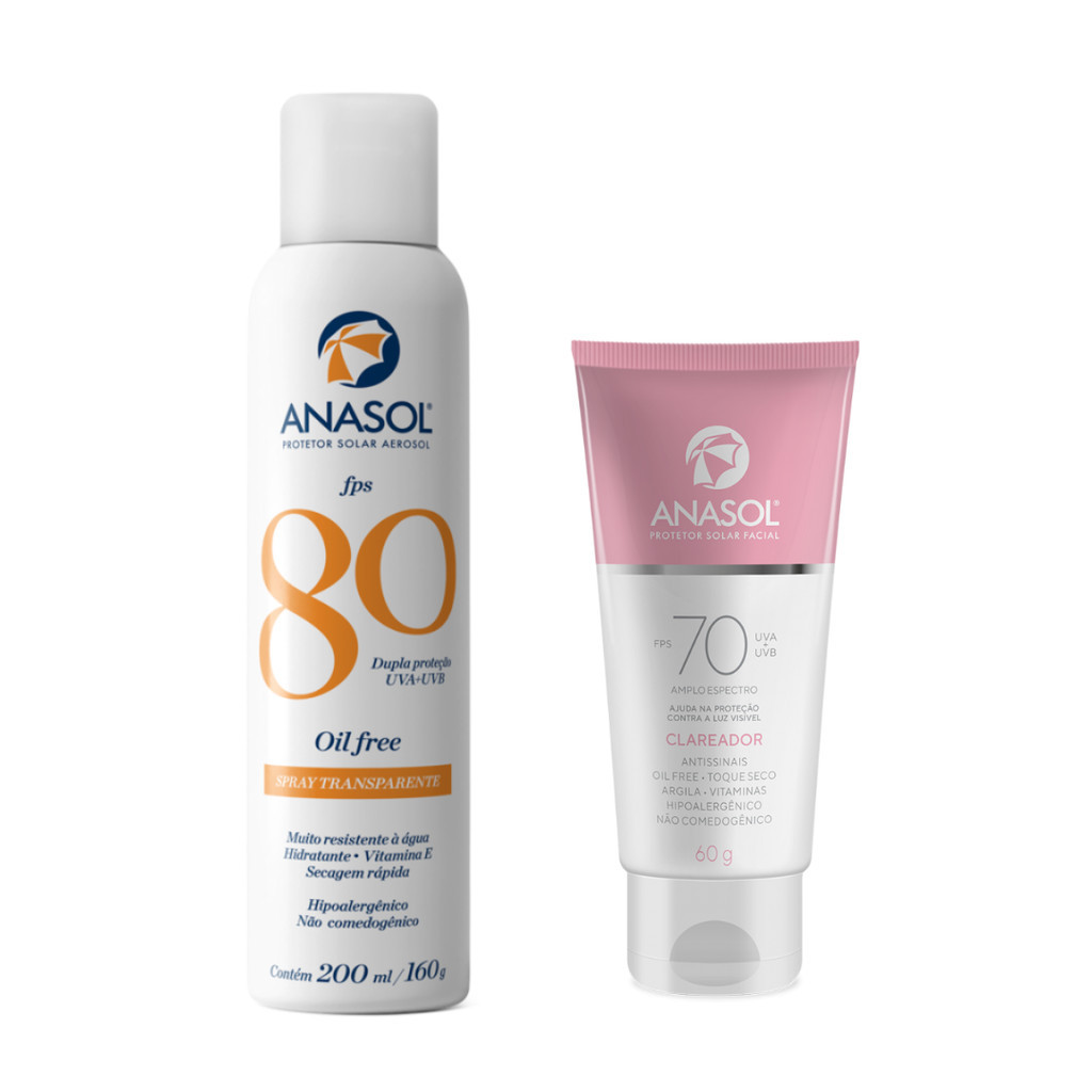 Kit Anasol Protetor Corporal Aerosol Fps 80 200 ml + Anasol Protetor Facial Fps 70 Clareador 60 gr em Oferta na Shopee