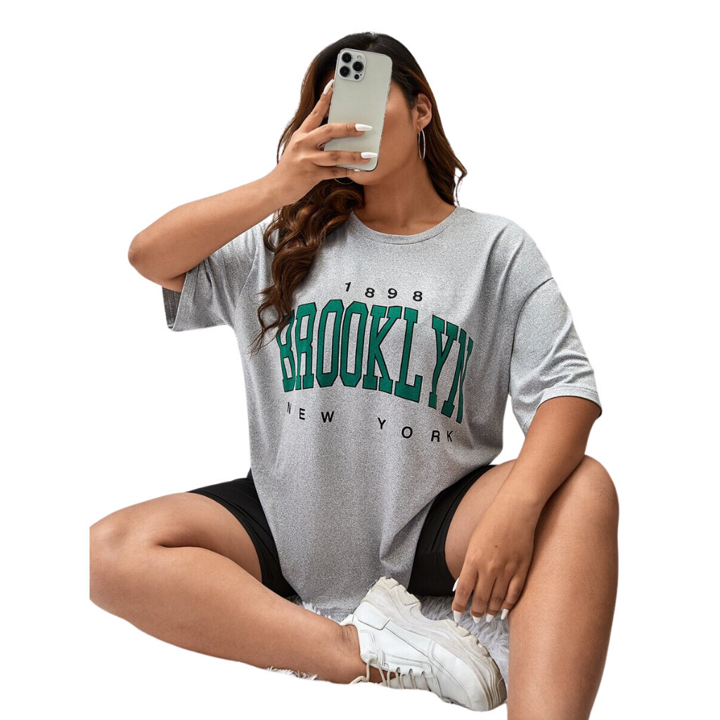 camisa Camiseta Ombro Caído Feminina Streetwear Tumblr Brooklyn 1898 (cinza/verde)estilo de Rua Largo Corte Reto fashion
