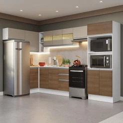 Armário de Cozinha Completa de Canto 100% MDF 447cm Branco/Rustic/Crema Smart Madesa 01