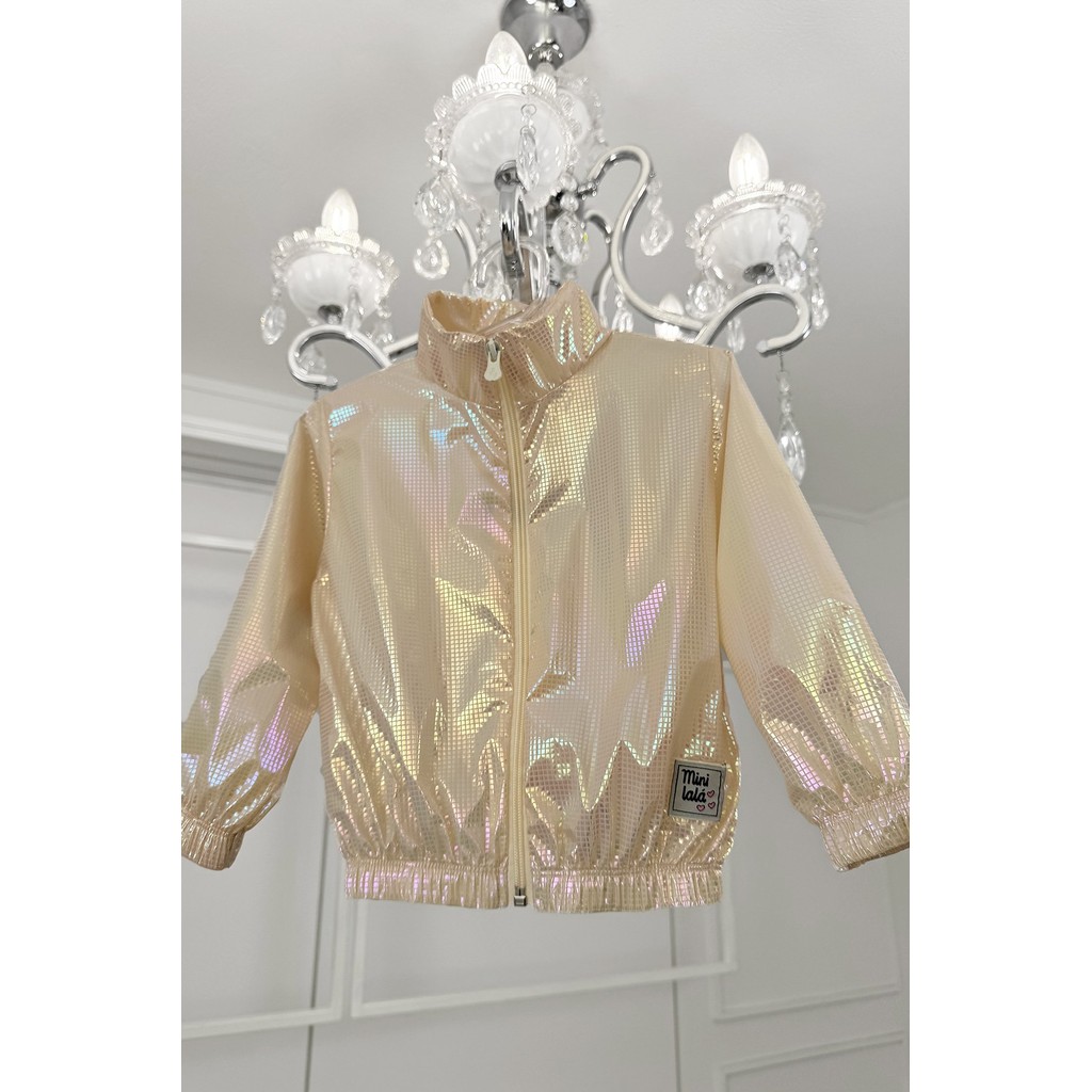 Jaqueta corta vento menina infantil bege holográfica manga comprida zíper casaco nude arco-íris menina